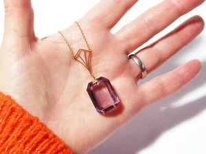 Art Deco Halskette Kette 9 kt Gold, großer lila Glas Anhänger Jugendstil A/F antik - Bild 1 von 12