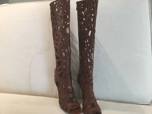 Chelsea & Zoe Paradise Cognac Burnish Boot Zip 7 1/2 New Knee Heel Open Cut Work - Picture 1 of 6