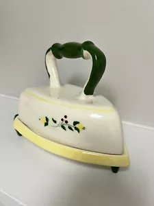 VTG BROCK OF CALIFORNIA YELLOW FARMHOUSE BUTTER DISH W/LID IRON & RESTING PLATE - Picture 1 of 7