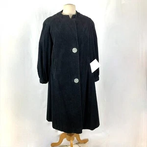 Vintage 50s Aubrey Segal Swing Coat M Black Corduroy Red Lining Mother of Pearl - Picture 1 of 12