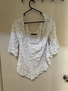 Zara Basic Off Shoulder White And Black Stars Top-Casual-Cute-Frilly-Ruffle Hem - Picture 1 of 10