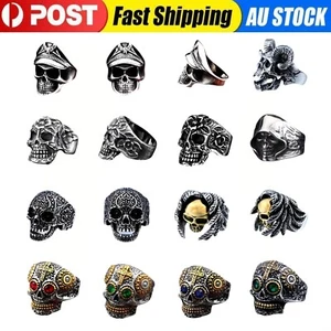 Men Vintage Viking Punk Gothic Eye Skull Skeleton The Grim Reaper Biker Ring - Picture 1 of 63