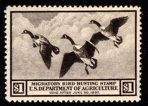 1936 U.S Sc #RW3 - $1 Duck Stamp Mint Lightly Hinged F-VF; SCV $150.00 - Picture 1 of 2