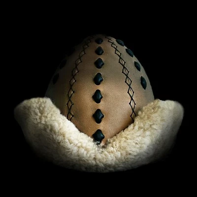Ertugrul Gazi Real Leather Hat Handmade Embossed Patterned Börk Light Coffee - Image 1 of 4