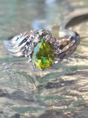Peridot Labcreated Pear Cut And Diamond Ring 10kt Solid White Gold  - Image 1 of 4