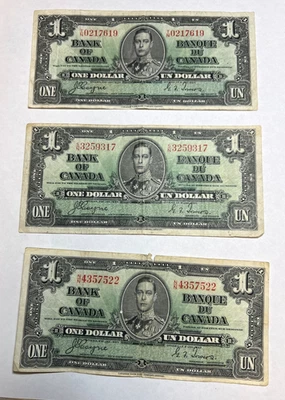 3 x 1937 Bank of Canada $1 One Dollar, George VI, Coyne Towers, 3 notes - Image 1 of 2