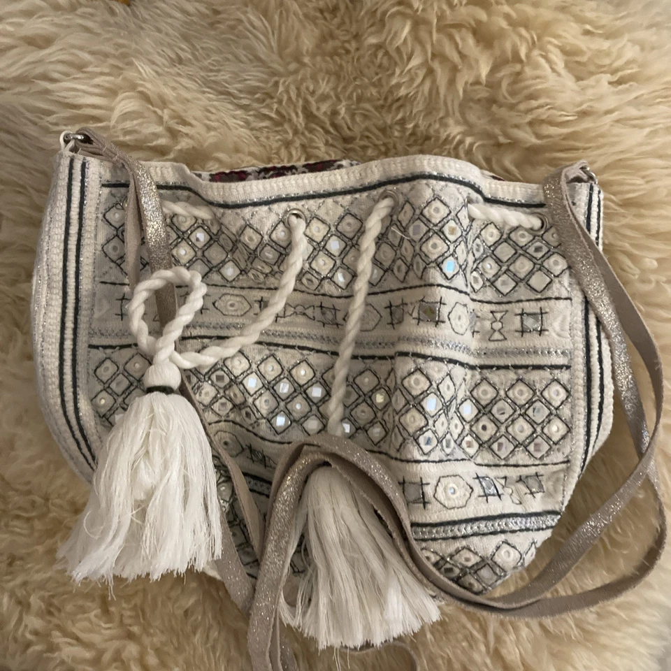 Star Mela White grey mirrored Cotton bag with leather Strap Crossbody Tassles - Image 1 of 4