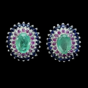 925 Sterling Silver Earrings Oval Emerald 6x4mm Ruby Sapphire Gemstone Jewelry - Picture 1 of 13