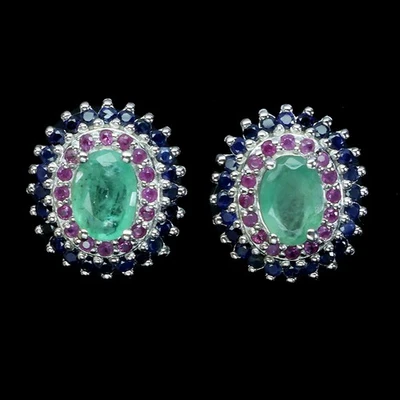 925 Sterling Silver Earrings Oval Emerald 6x4mm Ruby Sapphire Gemstone Jewelry - Image 1 of 4
