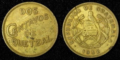 GUATEMALA Brass 1932 2 Centavos Toned High Grade KM# 250 (673) - Image 1 of 3