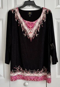 JM COLLECTION WOMENS TOPS JACQUARD SIZE 2X 3/4 SLEEVE BLACK/PINK/WHITE PULLON - Picture 1 of 6