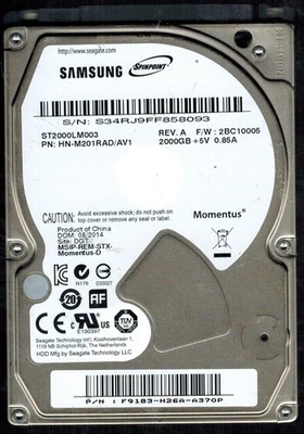 ST2000LM003 P/N: HN-M201RAD/AV1 S/N: S34RJ 2BC10005 SAMSUNG 2TB CHINA AUG 2014 - Image 1 of 2