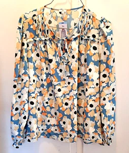 Joie Womens Tie V Neck Elastic Cuff Long Sleeve Floral Fields Top Blouse NEW - Picture 1 of 14