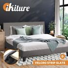 Oikiture Bed Frame Double Size Mattress Base Platform Wooden Slats Grey Fabric