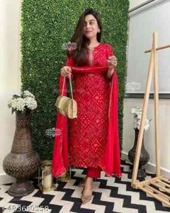 Traditional Red Bandhani Kurta Suit Set for Women with Dupatta - Festive Wear - Picture 1 of 4