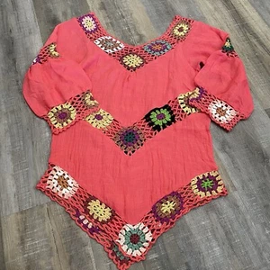 Womens Shirt Crochet Granny Square Small Boho Pink Tunic Artsy Beachy Festival - Picture 1 of 18