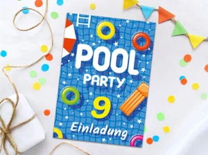 Einladungskarten zum 9. Kindergeburtstag Schwimmbad neunte Geburtstag Pool-Party - Bild 1 von 4