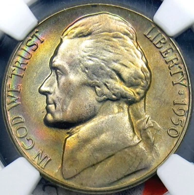 1950-D Jefferson Nickel NGC MS67 Rainbow Toning (6816324-007) Key Date - Image 1 of 4