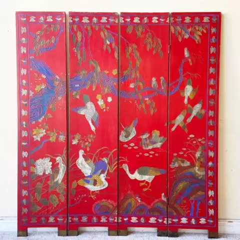 Vintage Chinese Red Hand Painted and Carved Room Divider/Screen Cover