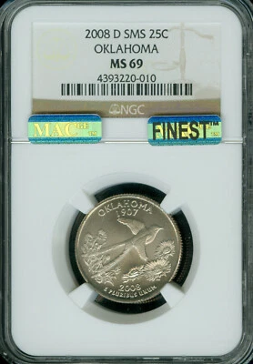2008 D OKLAHOMA QUARTER NGC MS69 SMS PQ MAC FINEST REGISTRY & SPOTLESS POP 5  . - Image 1 of 2