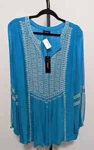 Tolani Women's Plus Lauren Turquoise V-Neck Top Tunic L/S Boho Size 2X $195 - Picture 1 of 10