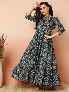 Langes indisches Damenkleid blau Baumwolle Blumendruck Anarkali ausgestellt Kurta Kurti - Bild 1 von 8