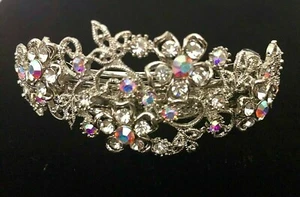 Floral Crystal Rhinestone Hair Barrette - Prom Bridal Formal Hair Clip Headpiece - Picture 1 of 4