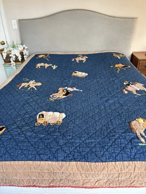 The Company Store 100% Cotton TWIN Quilt Western Cowboy Horse Denim Velvet Plaid - Image 1 of 4