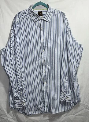 Camisa TAILORBYRD azul amarelo marinho listra branca algodão botão para baixo tamanho 3XLT - Imagem 1 de 4
