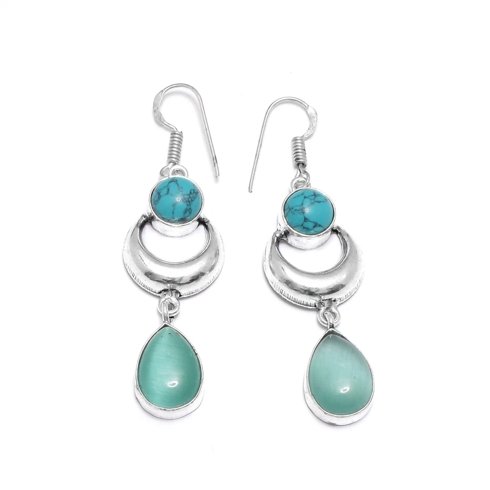 Pendientes colgantes hechos a mano de regalo turquesa ónix verde joyería 2,2" IE-7300 Foto 1 de 1