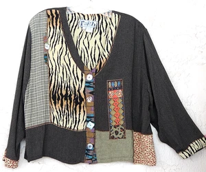Faith Gr. L M Art to Wear Mixed Print braun beige gold Top Bluse Jacke Perlen - Bild 1 von 4
