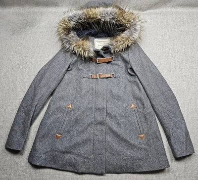 Cartonnier Coat Womens 0 Gray Hooded Wool Blend Faux Fur Buckle Anthropologie - Image 1 of 4