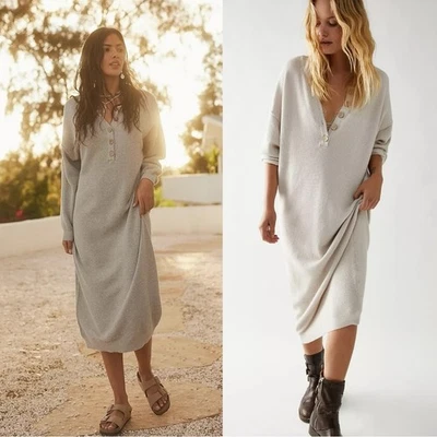 Free People Hailee Thermal Sweater Midi Dress in Salt Neutral Oversized XS Fall - Image 1 of 4