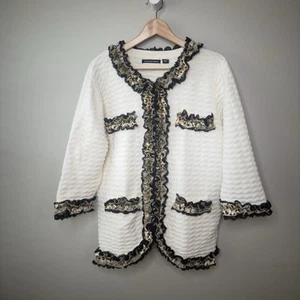Michael Simon 2X Animal Print Lace Ruffle Frilly Open Cardigan Ivory Boho Artsy - Picture 1 of 9