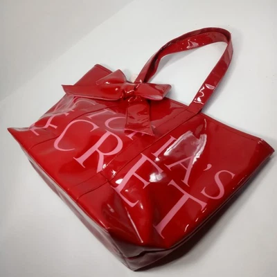 Bolso Victorias Secret Y2K Bolso Regalo Vacacional X Grande 21x12 Rojo Vinilo Rayas Arco Foto 1 de 4