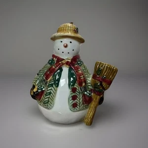 Snowman Christmas Ornament SAKURA Ceramic Winter Coat Broom Straw Hand Painted - Picture 1 of 5