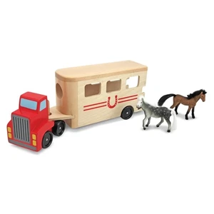 Horse Carrier Wooden Vehicle Play Set With 2 Flocked Horses and Pull-Down Ram... - Picture 1 of 8
