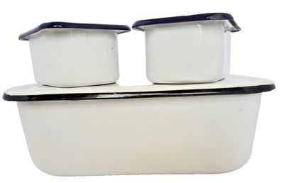 VTG Set of Three Enamelware Refirgerator Boxes Containers White w/ Black Trim - Image 1 of 4