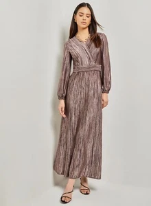 Misook Bishop sleeve Jacquard knit Maxi Dress Maroon Metallic Gold Large - Picture 1 of 16