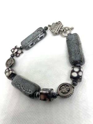 Shades Of Gray Ceramic  & Brown Glass Beads Silver Tone Metal Bracelet - Image 1 of 4