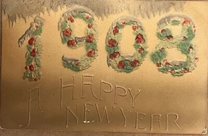 New Year Holly Berries Embossed Antique Postcard 1908 - Picture 1 of 5