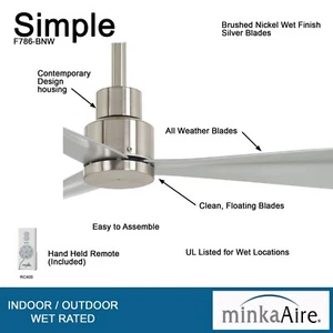 Minka Aire F786-BNW Simple 44" Indoor / Outdoor Brushed Nickel Wet Ceiling Fan - Picture 1 of 8