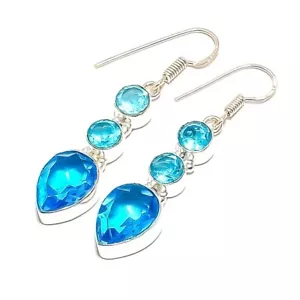 Jubiläumsgeschenk für Sie natürlicher Blautopas Ohrhänger/Ohrhänger 925 Silber - Bild 1 von 7