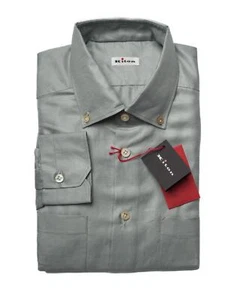 Camisa de vestir deportiva Kiton $1,600 nueva con etiquetas gris sarga mezcla de algodón lino (41 eu) 16 EE. UU. - Imagen 1 de 4