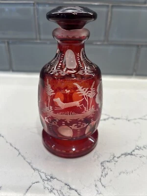 Vintage Czech Bohemian Ruby Red Hand Blown Etched Glass Decanter withStopper VGC - Image 1 of 4