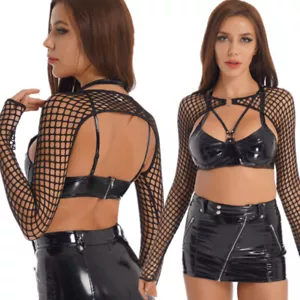 Womens Hollow Out Fishnet Crop Top See-through Long Sleeve Cover Up Mesh T-shirt - Picture 1 of 30