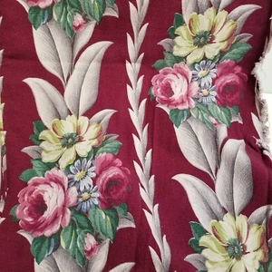 Barkcloth Glen Court Burgundy Fabric Roses Cottagecore Grandma Chic Vintage - Picture 1 of 9