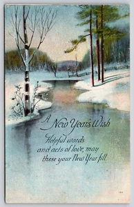 Postal Un deseo de año nuevo árboles cubiertos de nieve a lo largo de Frozen Creek escena de invierno - Imagen 1 de 2