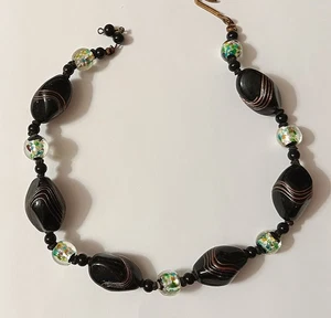 Murano Italy LG Glass Beads Necklace w Gold & black also Foil Beads - Picture 1 of 7