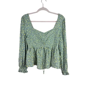 PLANET GOLD Damen Gr. XL grau gelb geblümt gesmokt Langarm Rüschen Bluse - Bild 1 von 4